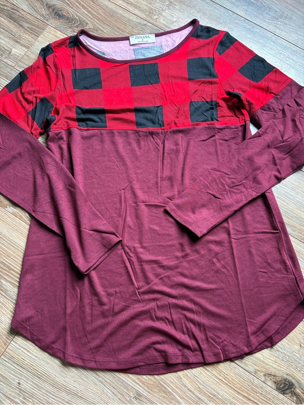 Zenana Outfitters Burgundy Long-Sleeve Top with Red & Black Buffalo Plaid Yoke